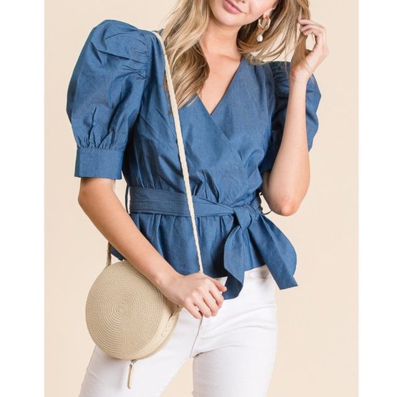 Tops - Chambray Denim Puff Sleeve Faux Wrap Top Shirt